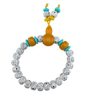 Handmade Beaded Bracelet With Yellow White & Turquoise Spotted Beads Elastic Str